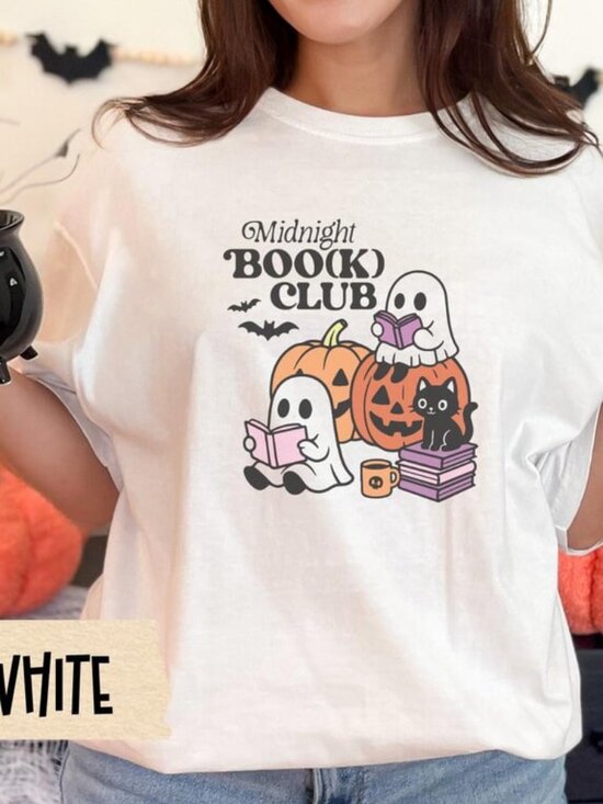 Tops - Cute Ghost Reading Halloween Shirt, Fall Tee, Pumpkin Shirt